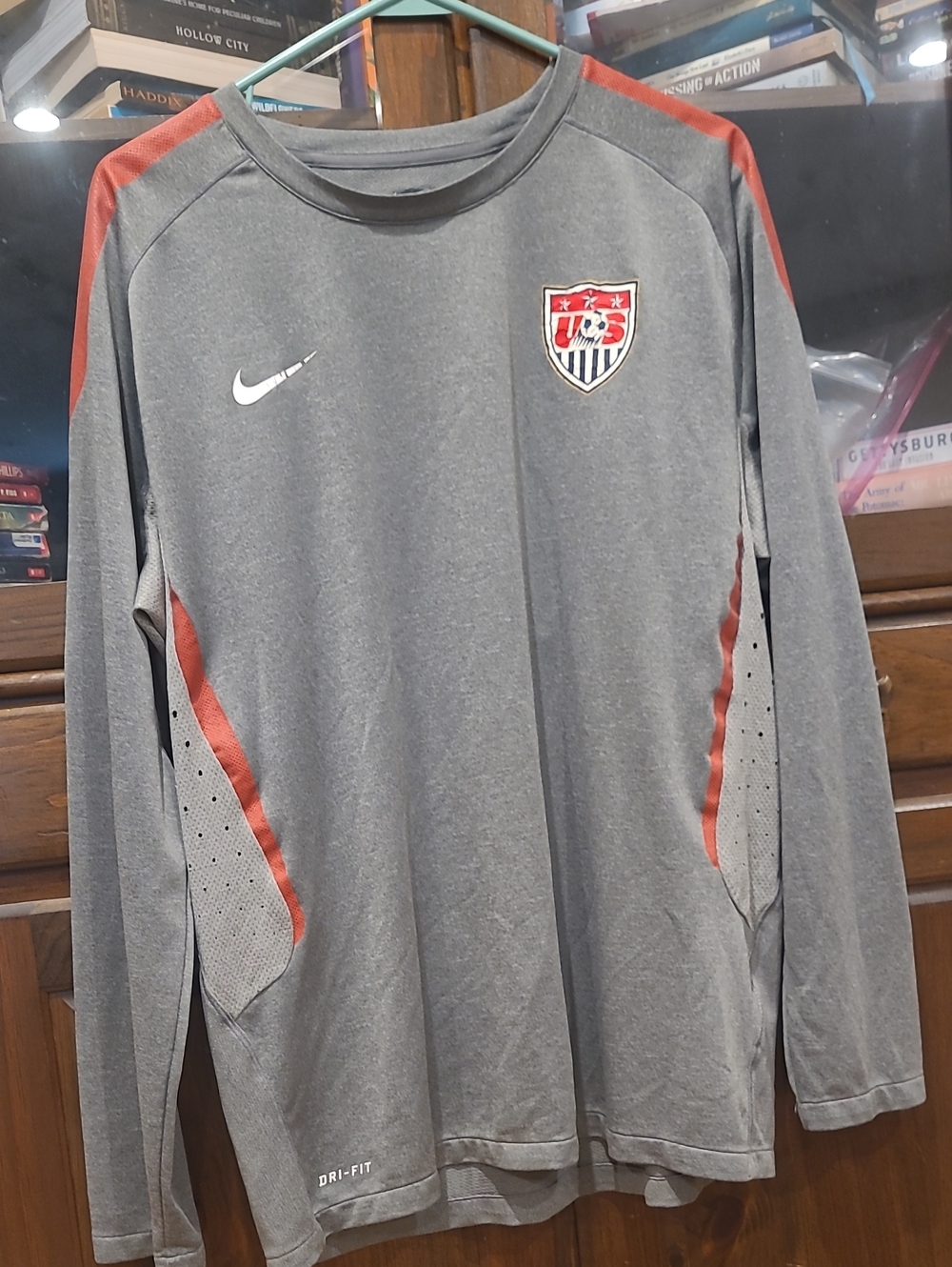 Nike Gray Long-Sleeve Soccer Training Top with Red Accents